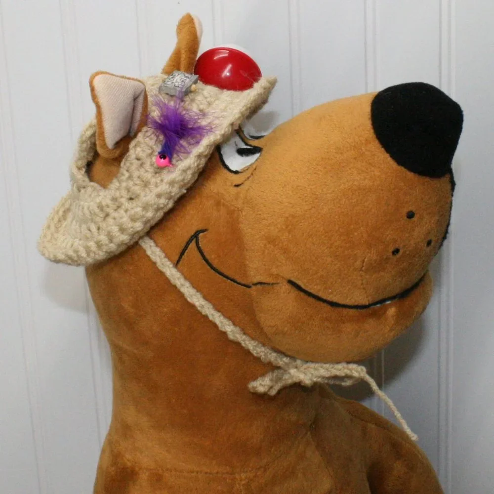HAND CRAFTED Hat Crochet Dog Gone Fishing Costume Photo Prop Tan Cap Outdoor
